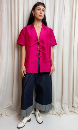 • REIMAGINED • Silk Tie Shirt [ Hot pink, Short Sleeves, Size Small - Large ]