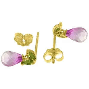 3.4 Carat 14K Solid Yellow Gold Stud Earrings Peridot Pink Topaz