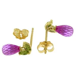 3.4 Carat 14K Solid Yellow Gold Stud Earrings Peridot Pink Topaz