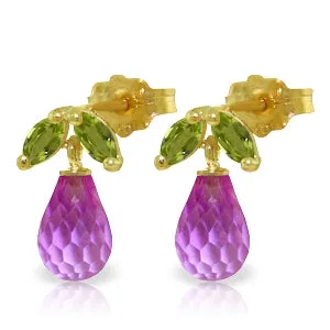 3.4 Carat 14K Solid Yellow Gold Stud Earrings Peridot Pink Topaz