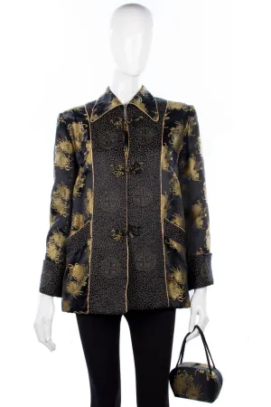 Arjan Hong Kong Padded Chinese Jacket and Bag Silk Black and Gold Size L