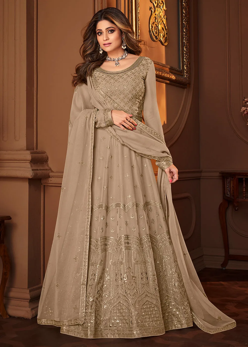 Beige Indian Embroidered Shamita Shetty Anarkali Suit