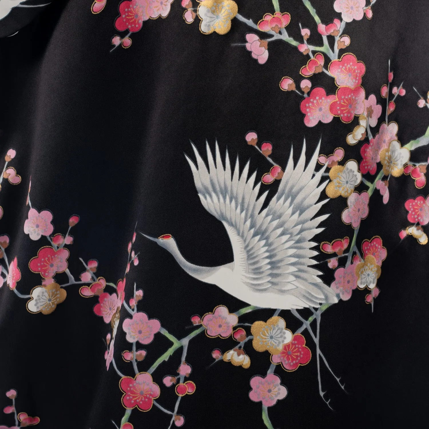 Black Crane and Pink Blossom Long Silk Kimono