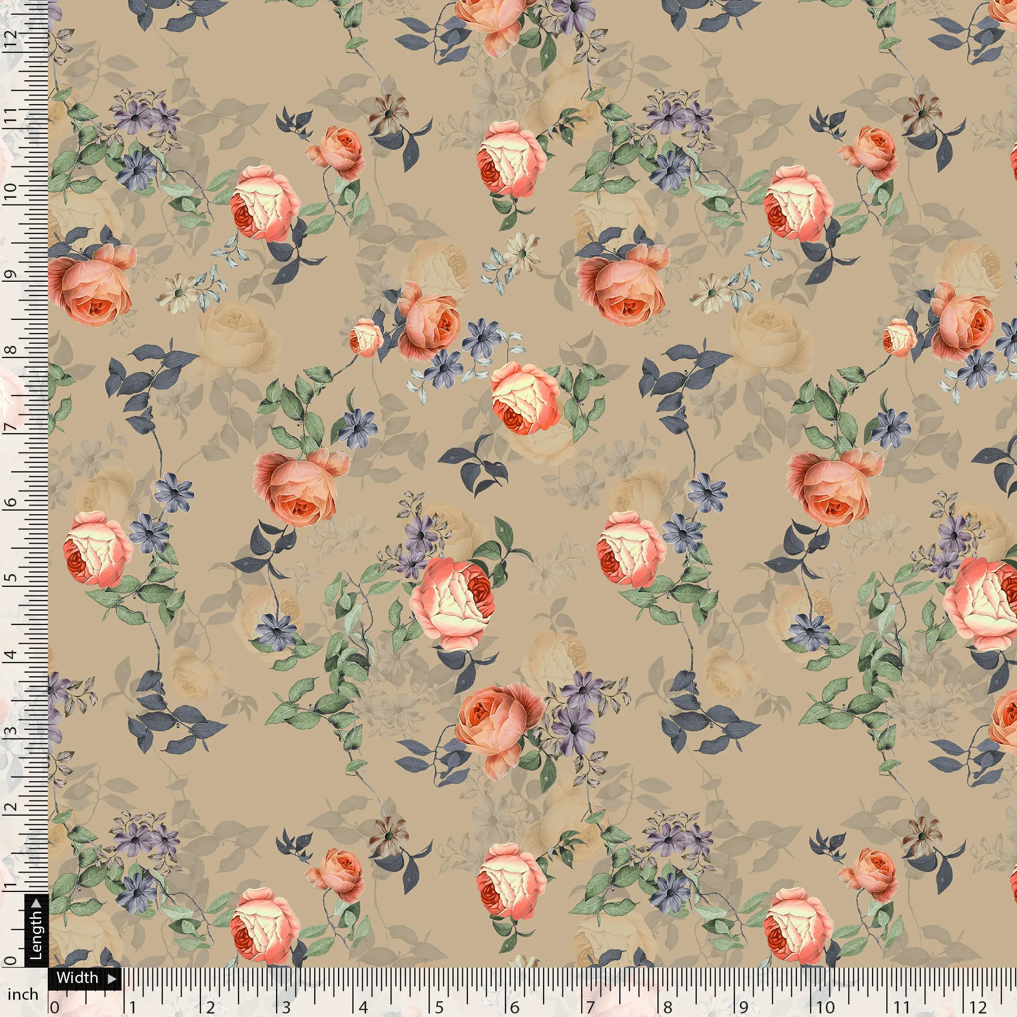 Blooming Orange Roses With Purple Floral Digital Printed Fabric