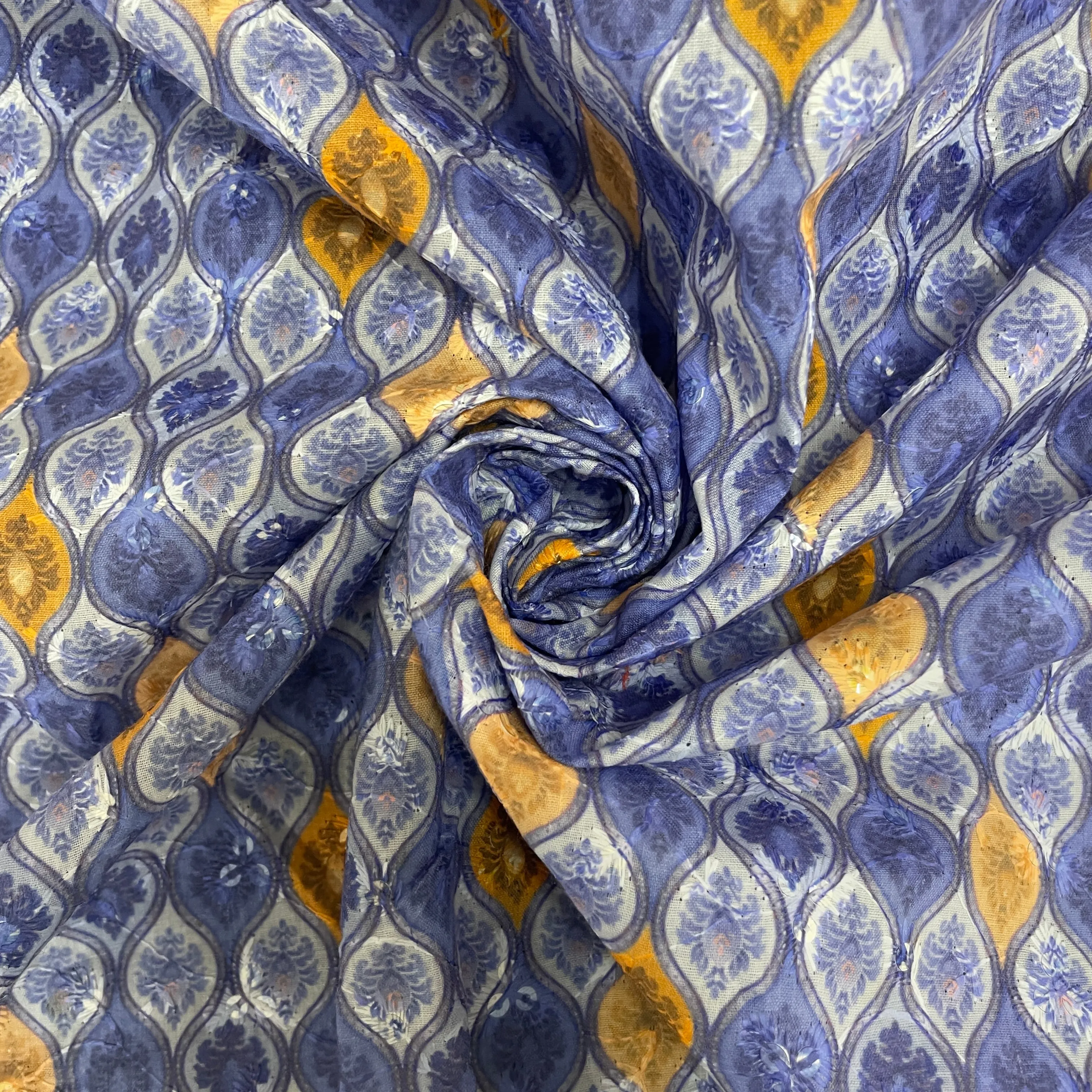 Blue Traditional Print Cotton Embroidery Fabric