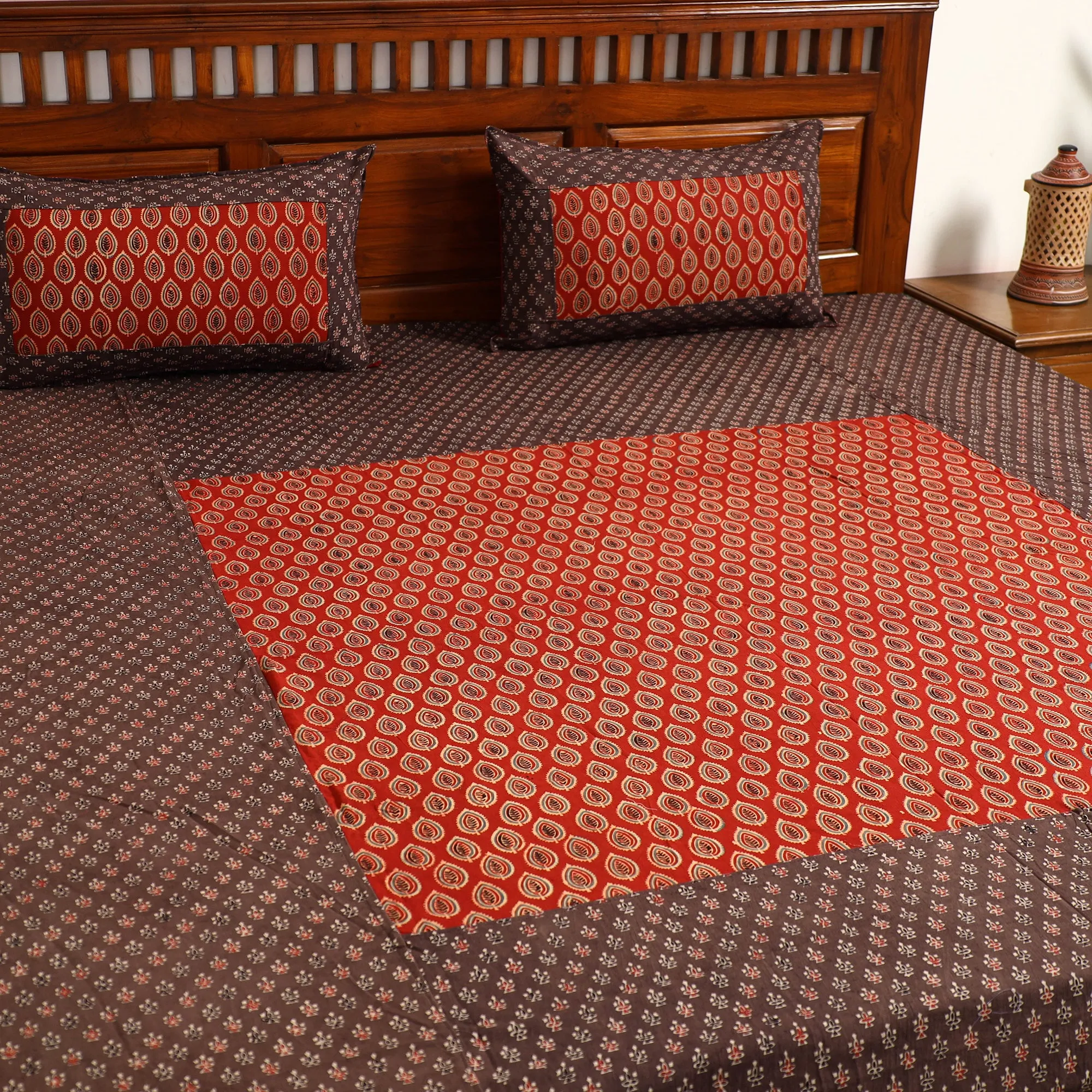 Brown - Ajrakh Block Printed Patchwork Cotton Double Bed Cover with Pillow Covers (108 x 90 In)