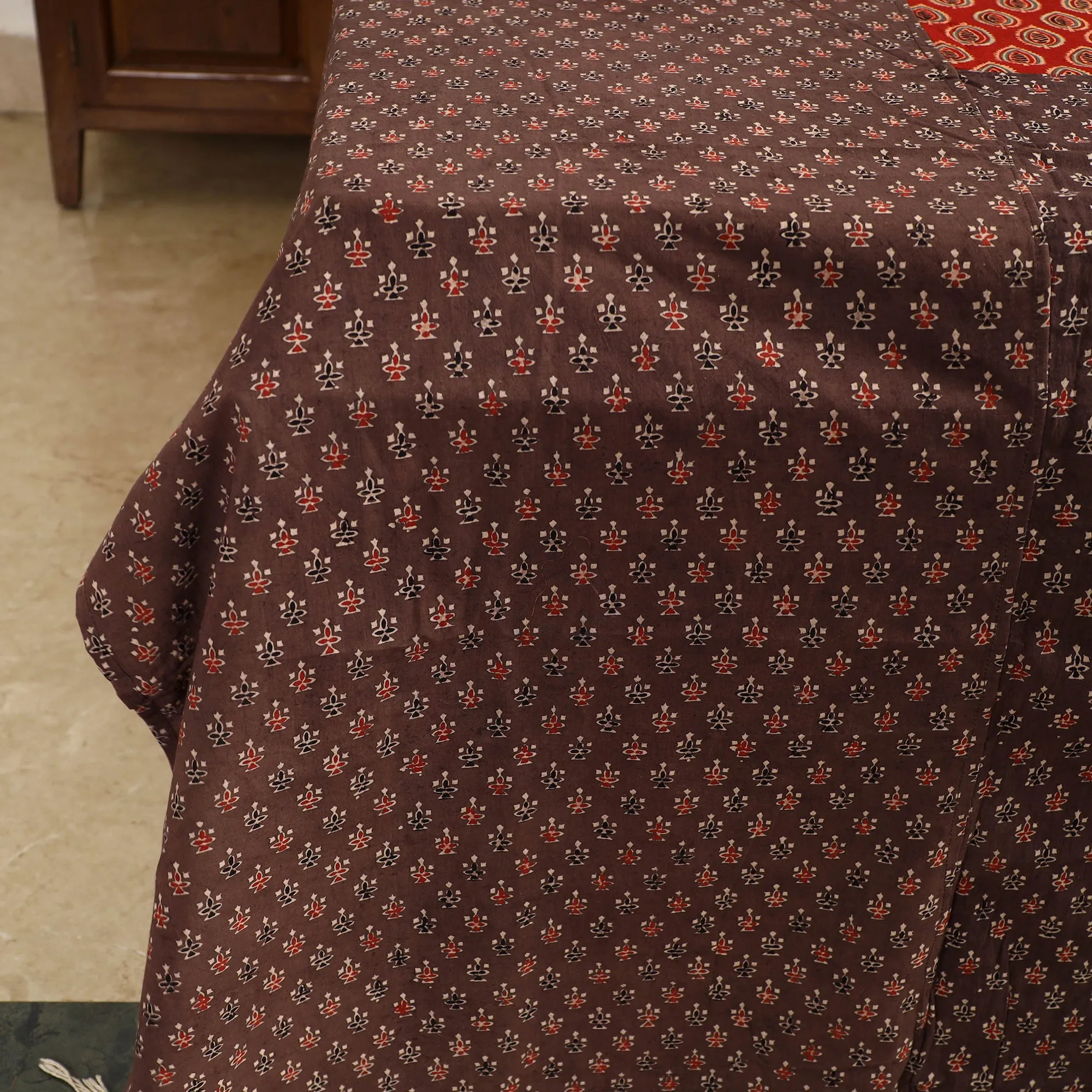 Brown - Ajrakh Block Printed Patchwork Cotton Double Bed Cover with Pillow Covers (108 x 90 In)