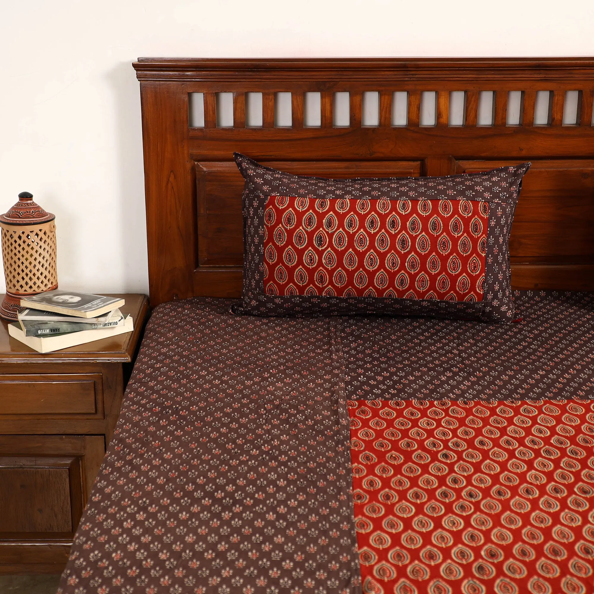 Brown - Ajrakh Block Printed Patchwork Cotton Double Bed Cover with Pillow Covers (108 x 90 In)