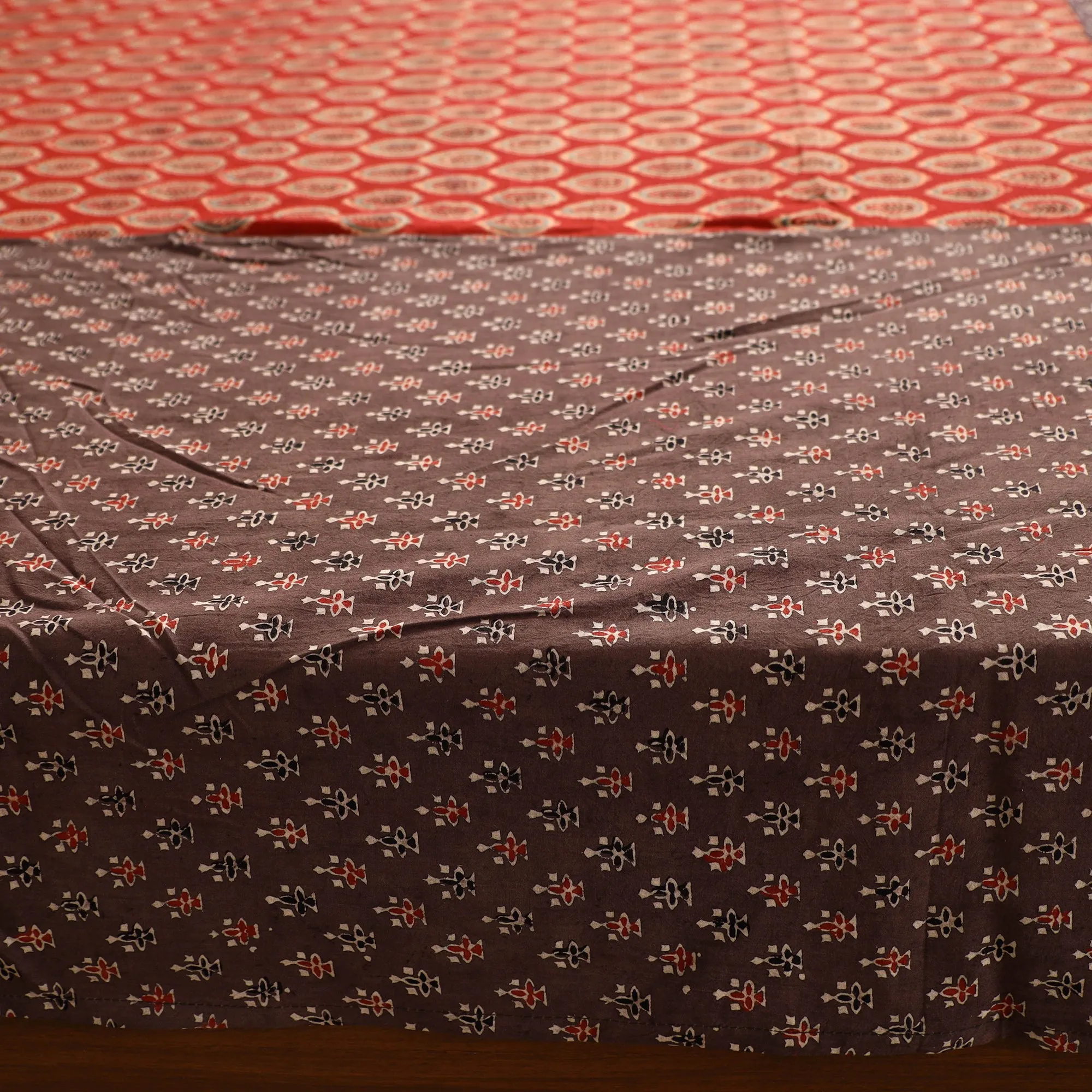 Brown - Ajrakh Block Printed Patchwork Cotton Double Bed Cover with Pillow Covers (108 x 90 In)