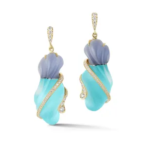 Carved Blue Chalcedony, Turquoise, Rock Crystal and Diamond Earrings