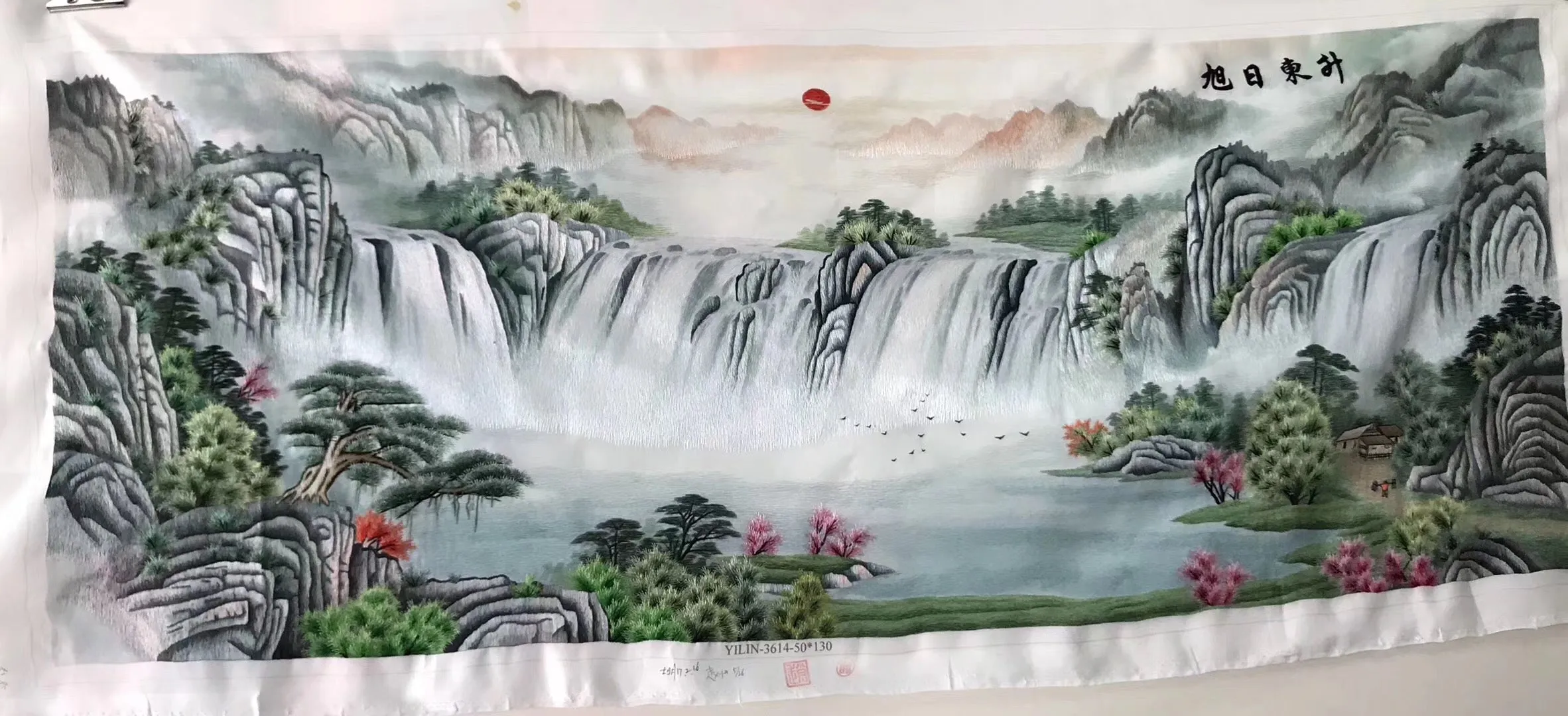 Chinese Totally 100% Hand Embroidered Su Embroidery Art:peony mountains 130cm