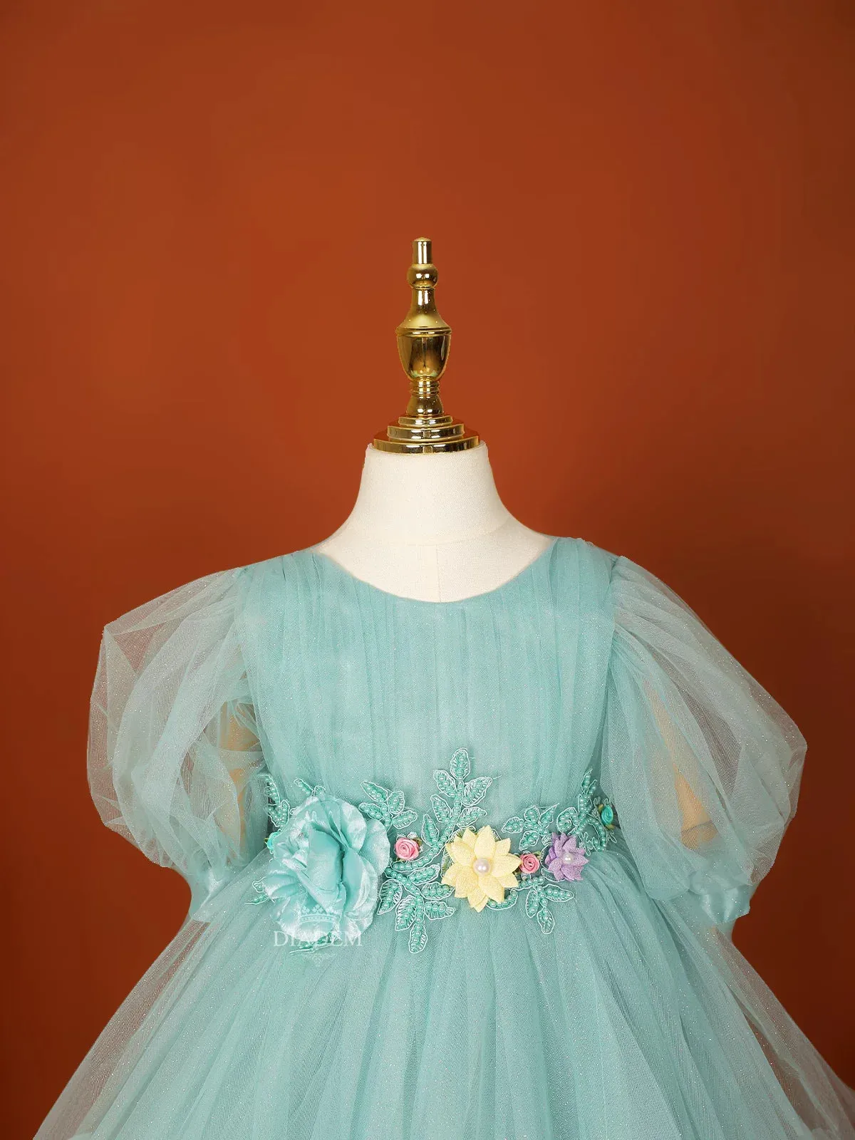 Cyan Blue Net Frock Embellished with Glitters and 3D Flowers