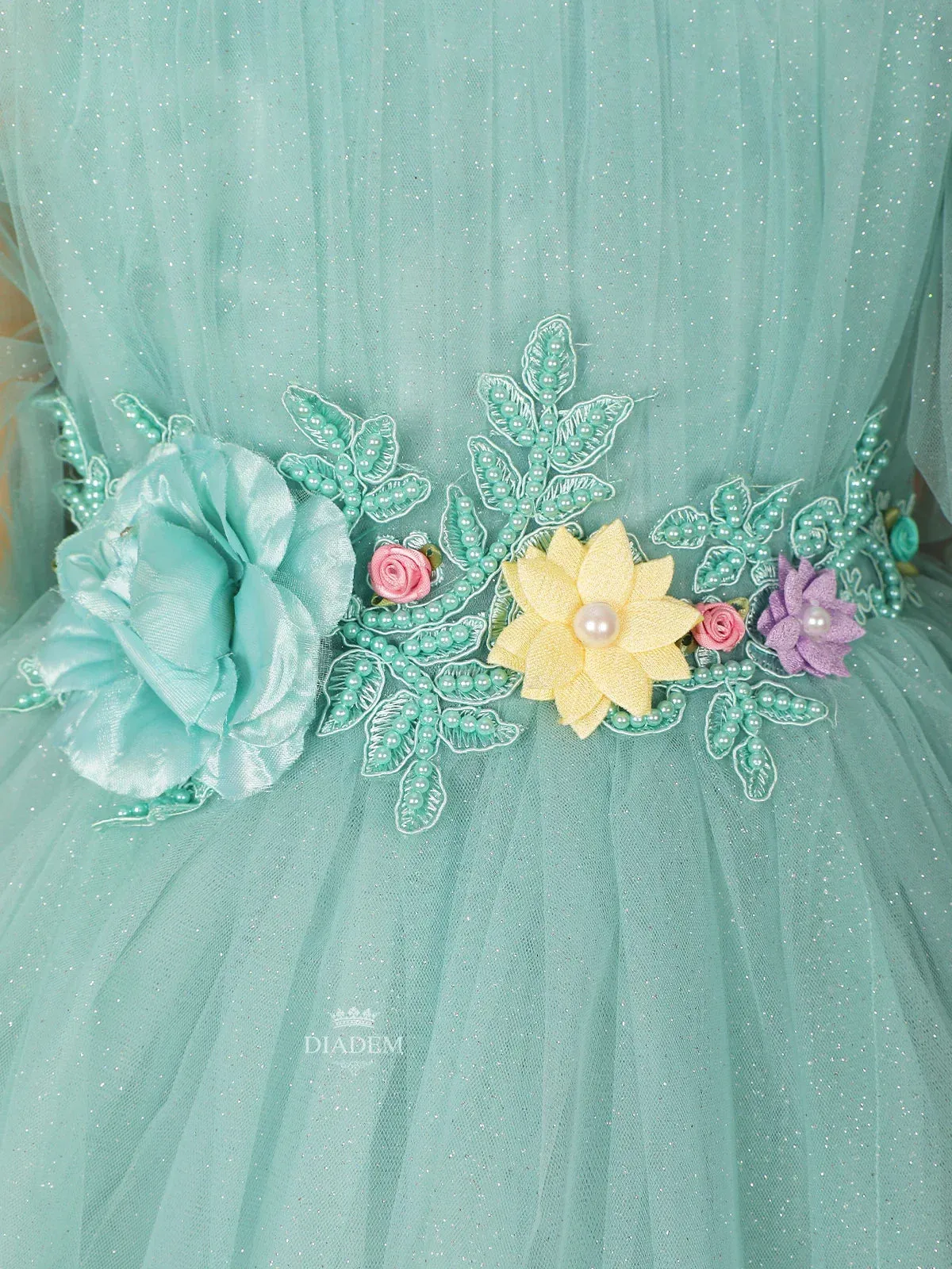 Cyan Blue Net Frock Embellished with Glitters and 3D Flowers