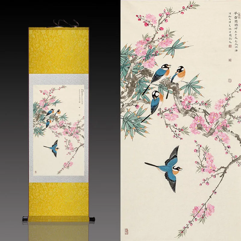 Early Spring Lucky Flowers Peach Blossom and Four Magpies Chinese Birds and Flower Silk Scroll Hanging Painting