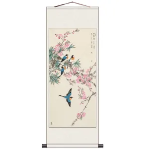 Early Spring Lucky Flowers Peach Blossom and Four Magpies Chinese Birds and Flower Silk Scroll Hanging Painting