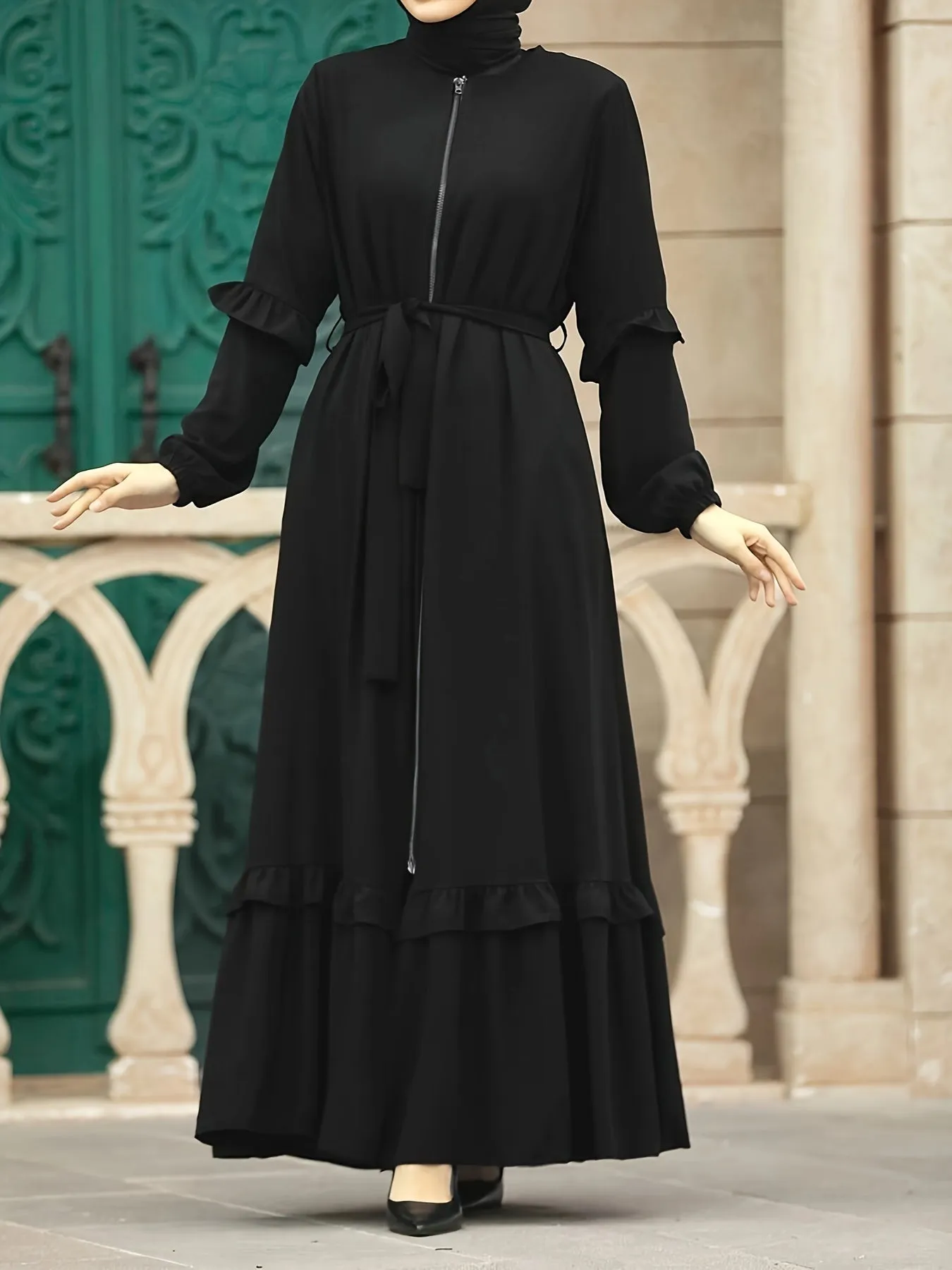 Elegant Modest Maxi Kaftan Dress - Long Sleeve, Tie-Waist with Chain Detail, Zip-Front, Durable All-Season Women's Fashion