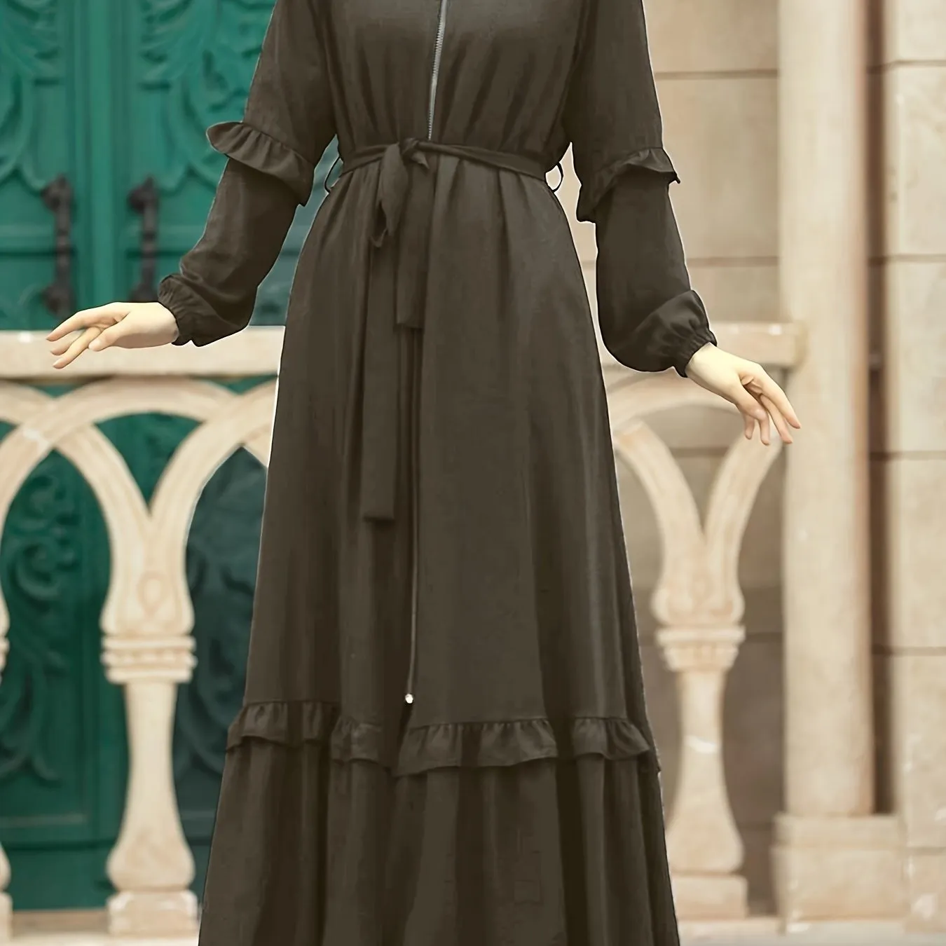 Elegant Modest Maxi Kaftan Dress - Long Sleeve, Tie-Waist with Chain Detail, Zip-Front, Durable All-Season Women's Fashion