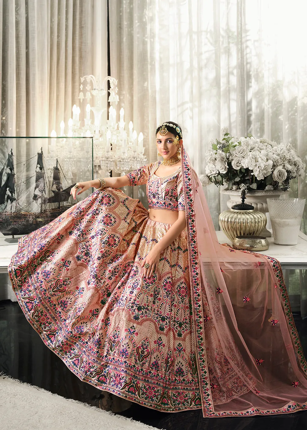 Festive Peach Sequins Embroidered Wedding Trendy Lehenga