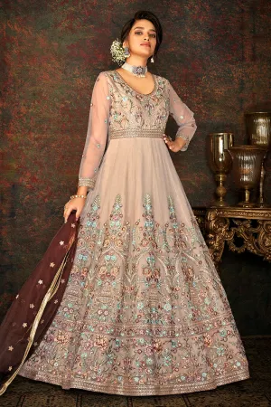 Floral Embroidered Pastel Brown Designer Wedding Anarkali Suit