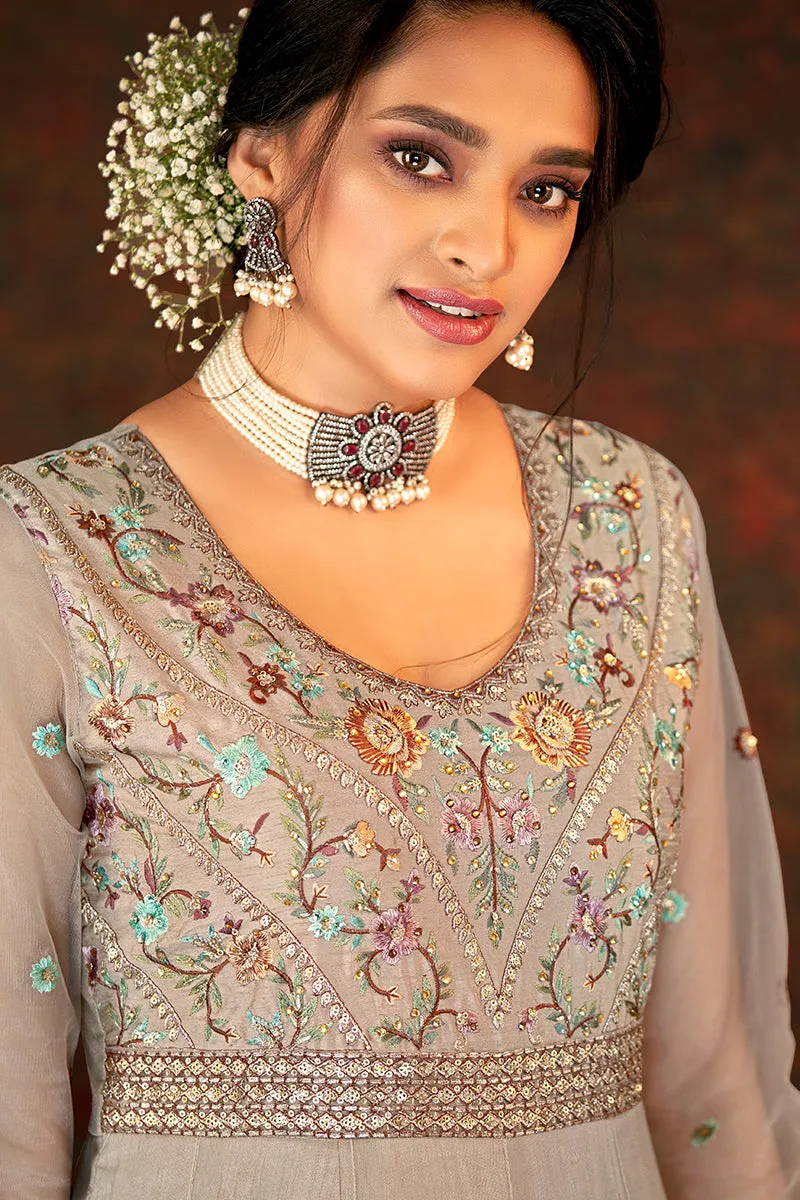 Floral Embroidered Pastel Brown Designer Wedding Anarkali Suit