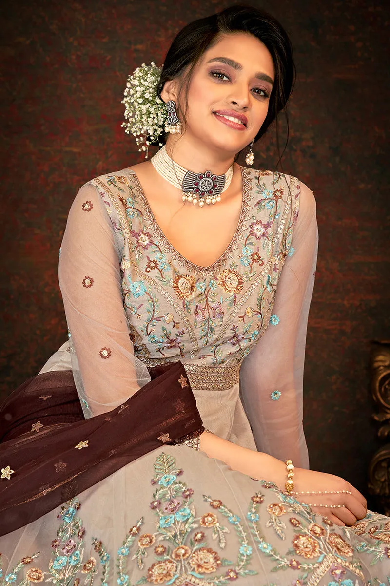 Floral Embroidered Pastel Brown Designer Wedding Anarkali Suit