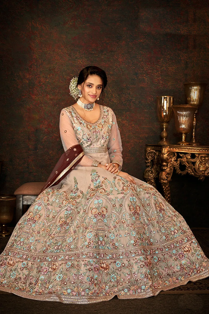 Floral Embroidered Pastel Brown Designer Wedding Anarkali Suit