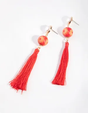 Gold Bead & Long Tassel Drop Earrings