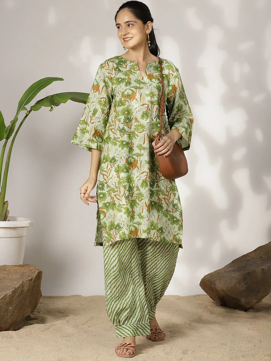 GreenFloral Cotton LongKurta & Striped AfghaniSalwar