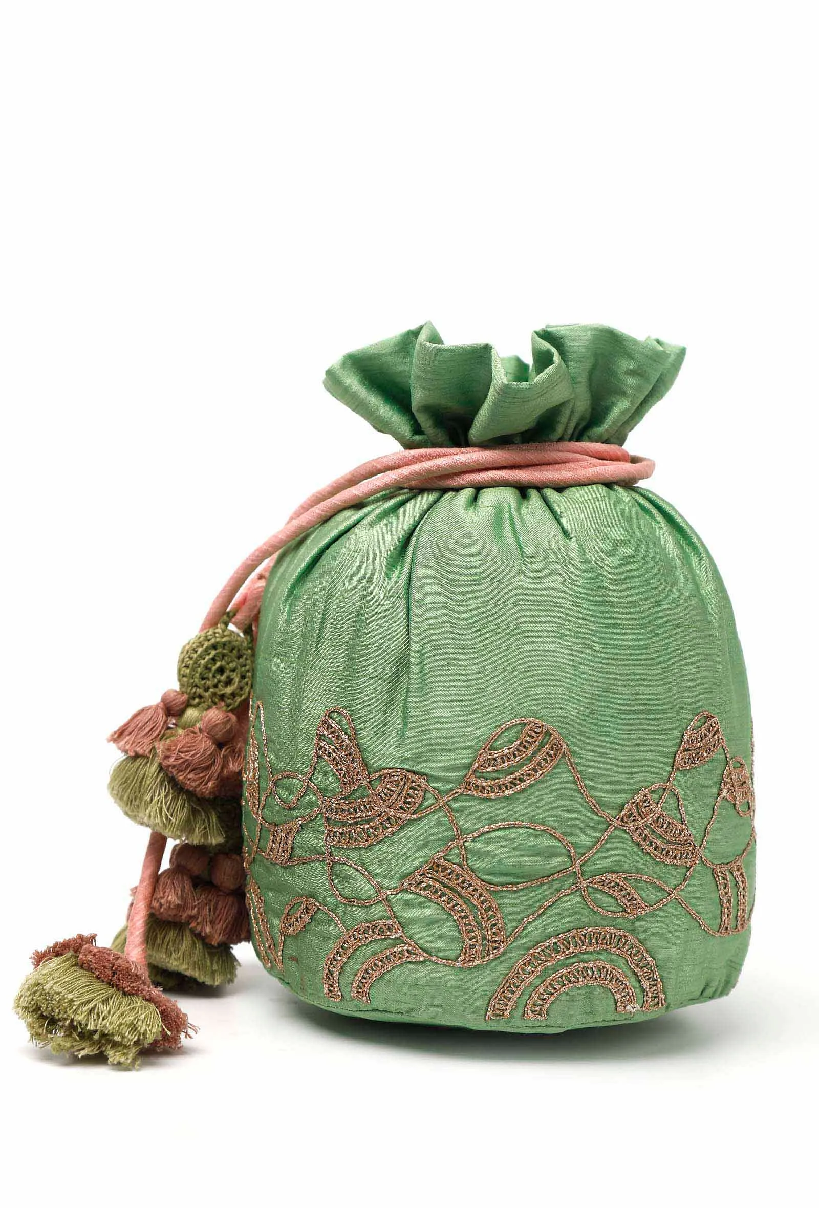 Light Green Dupion Silk Potli with Pink Strings