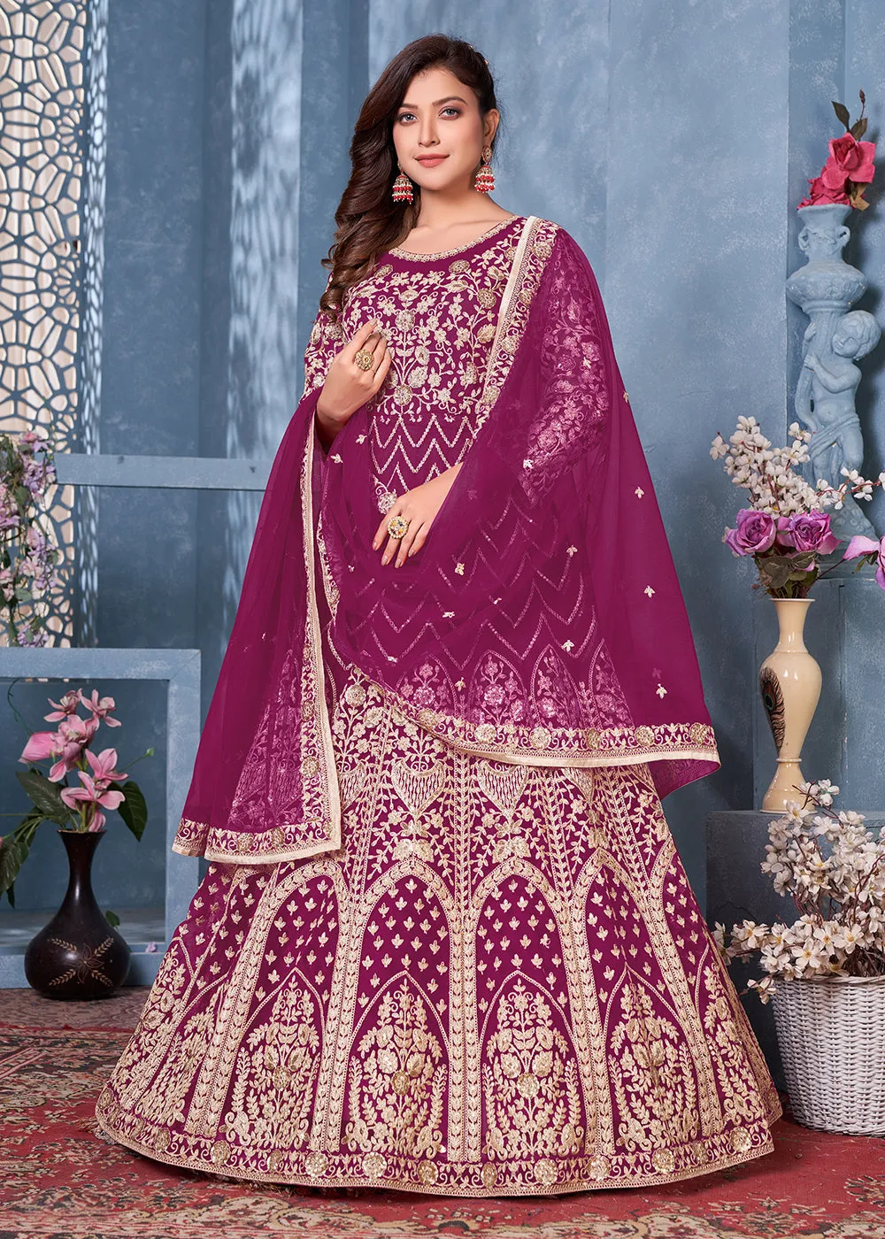 Magenta Net Abaya Style Heavy Embroidered Anarkali Suit