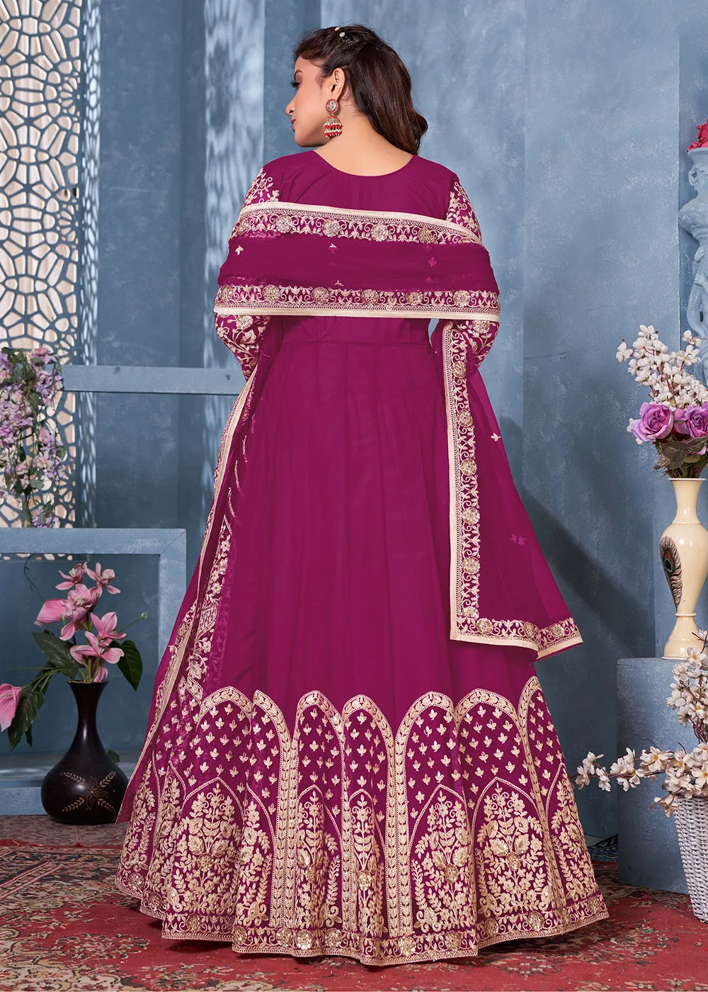 Magenta Net Abaya Style Heavy Embroidered Anarkali Suit