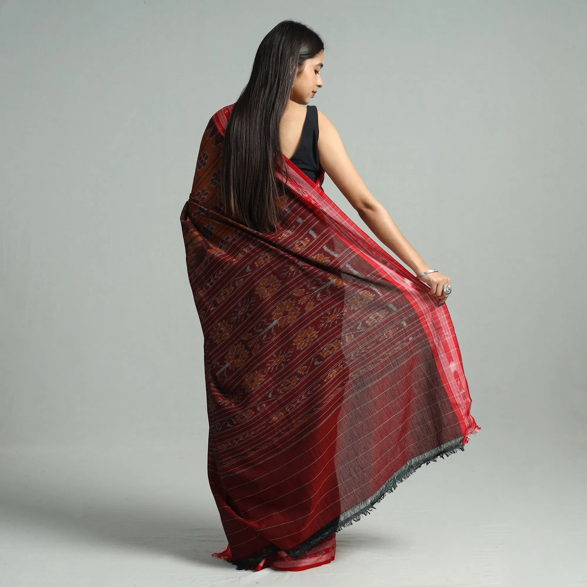 Maroon - Maniabandha Ikat Weave Handloom Cotton Saree 29