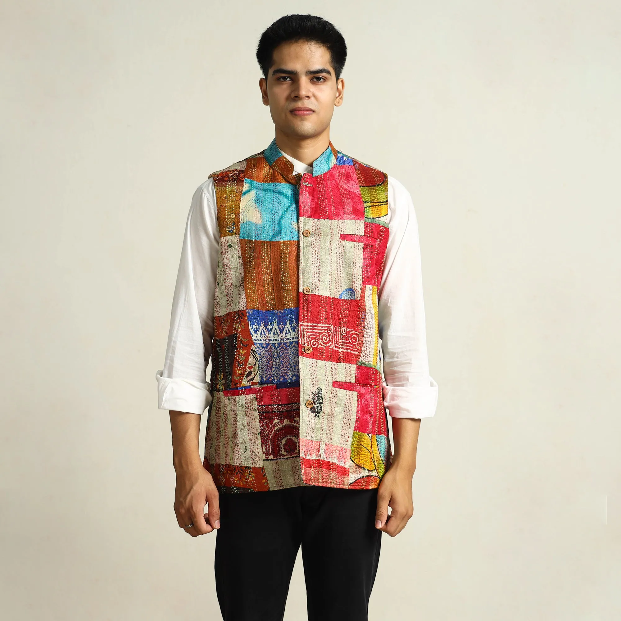 Multicolor - Kantha Embroidery Patchwork Silk Nehru Jacket 05