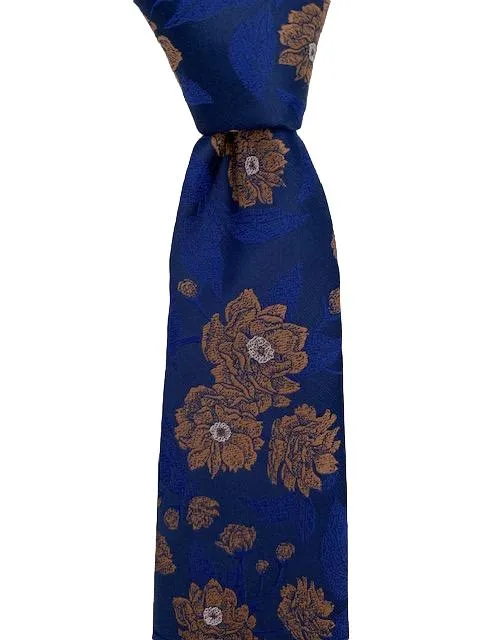 Navy Blue Silk Tie with Gold Brown Flowers