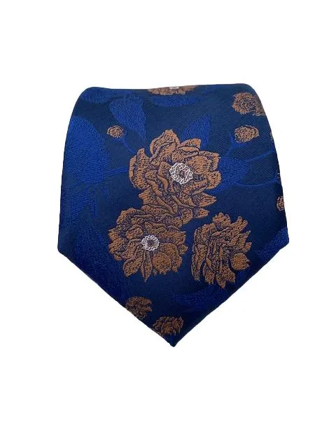 Navy Blue Silk Tie with Gold Brown Flowers