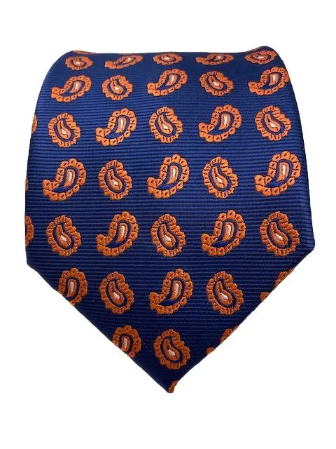 Navy Tie with Mini Orange Paisley Pattern