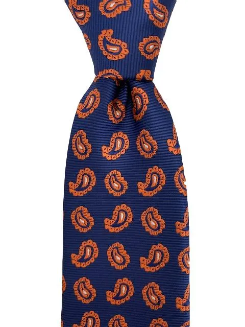 Navy Tie with Mini Orange Paisley Pattern