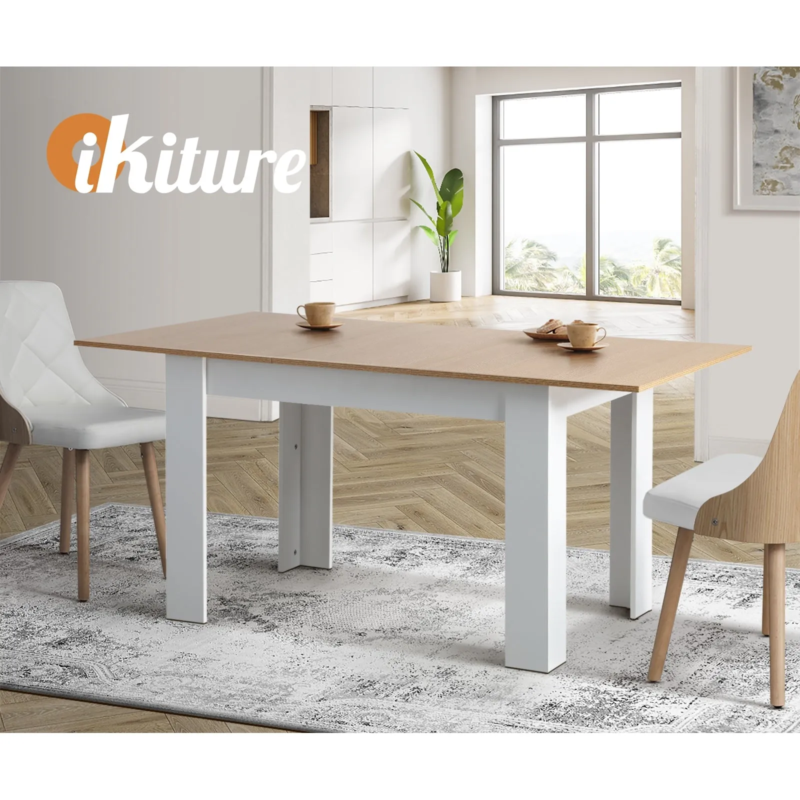 Oikiture 160cm Extendable Dining Table Kitchen Restaurant Cafe Table WoodenWhite