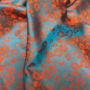 Orange flowers on Green silk - PURE MULBERRY SILK fabric by the yard - Green silk with flowers - Floral Silk -Luxury Silk - Natural silk - Handmade in VietNam