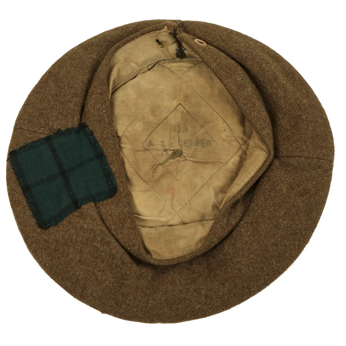 Original British WWII Khaki Tam O' Shanter Wool Cap with Highland Regiment Government Tartan - Size 6 5/8