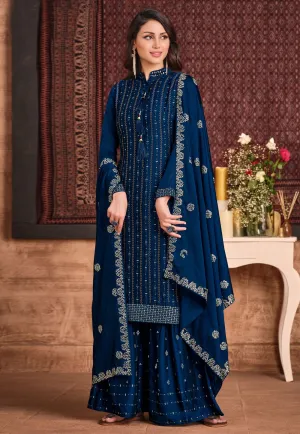 Oxford Blue Sequins Embroidered Sharara Suit