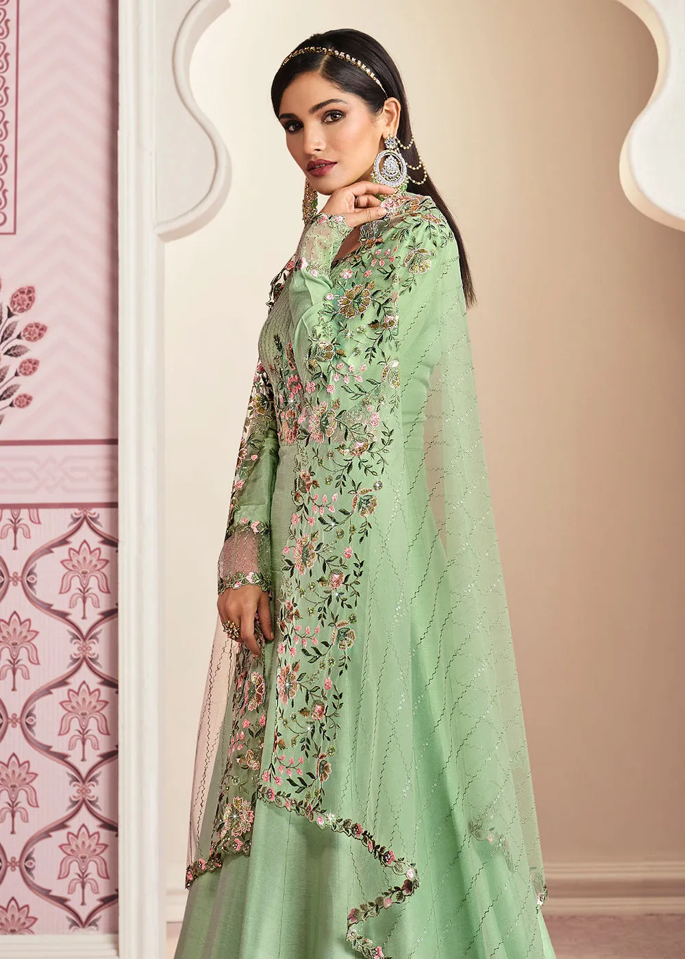 Pastel Green Art Silk Fabric Indian Embroidered Anarkali Suit