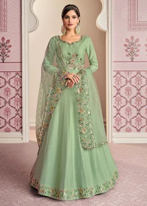 Pastel Green Art Silk Fabric Indian Embroidered Anarkali Suit