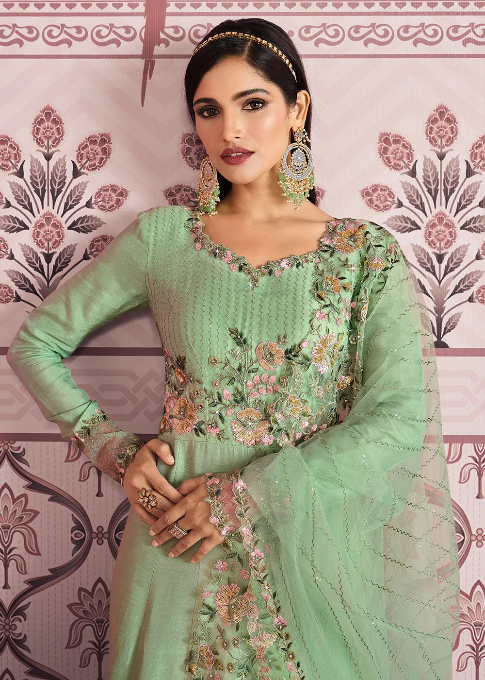 Pastel Green Art Silk Fabric Indian Embroidered Anarkali Suit