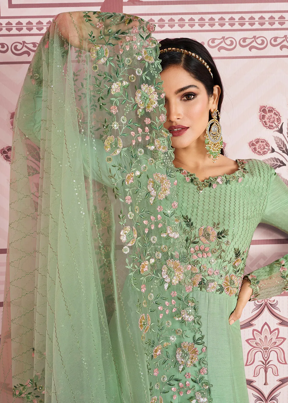 Pastel Green Art Silk Fabric Indian Embroidered Anarkali Suit