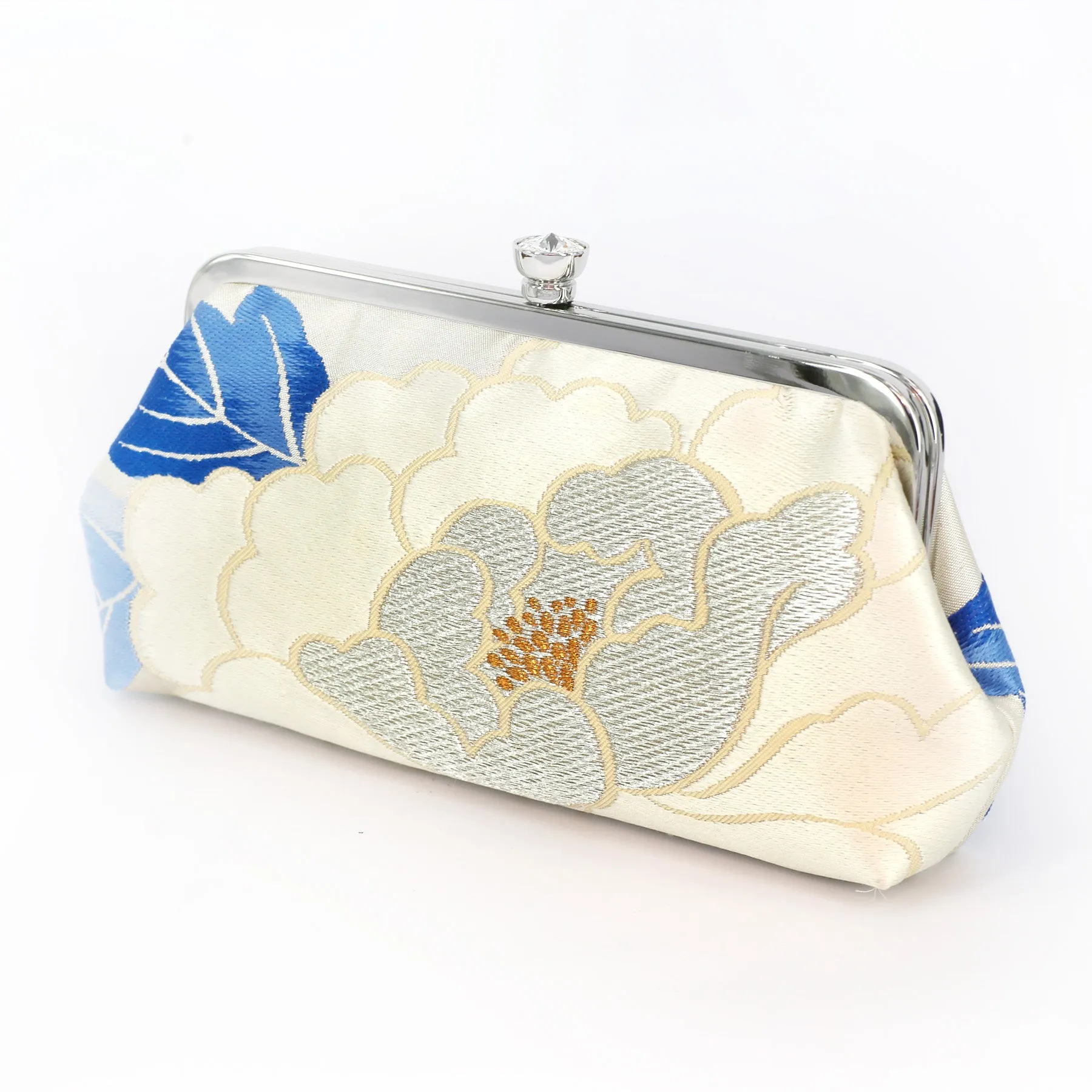 Peony Kimono Clutch Purse Ivory and Blue on Silver | Upcycled from vintage Japanese Obi