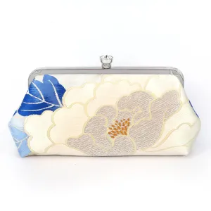 Peony Kimono Clutch Purse Ivory and Blue on Silver | Upcycled from vintage Japanese Obi