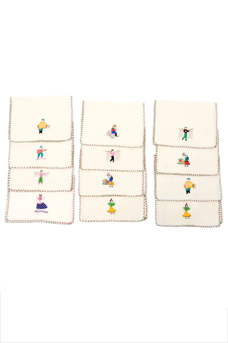 Rare Argentina Unused Set of 11 Vintage Cocktail Napkins w Embroidery & Applique