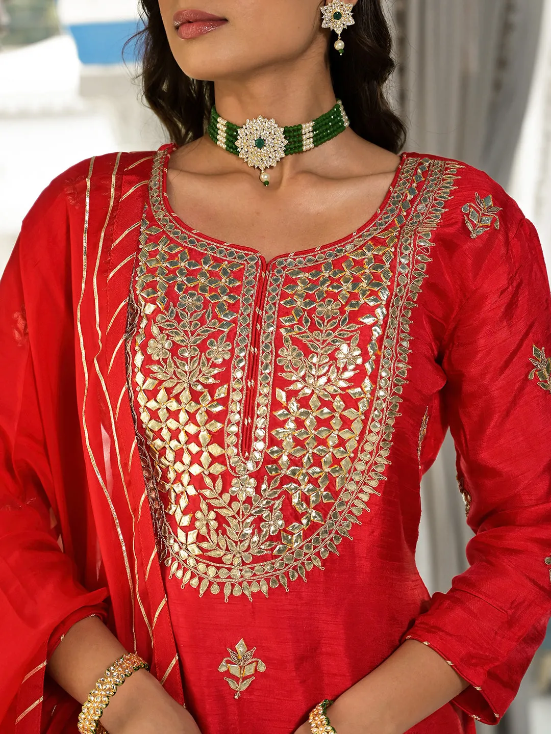 Red Kachhi Patti Work Russian Silk Short Kurta Sharara With Dupatta