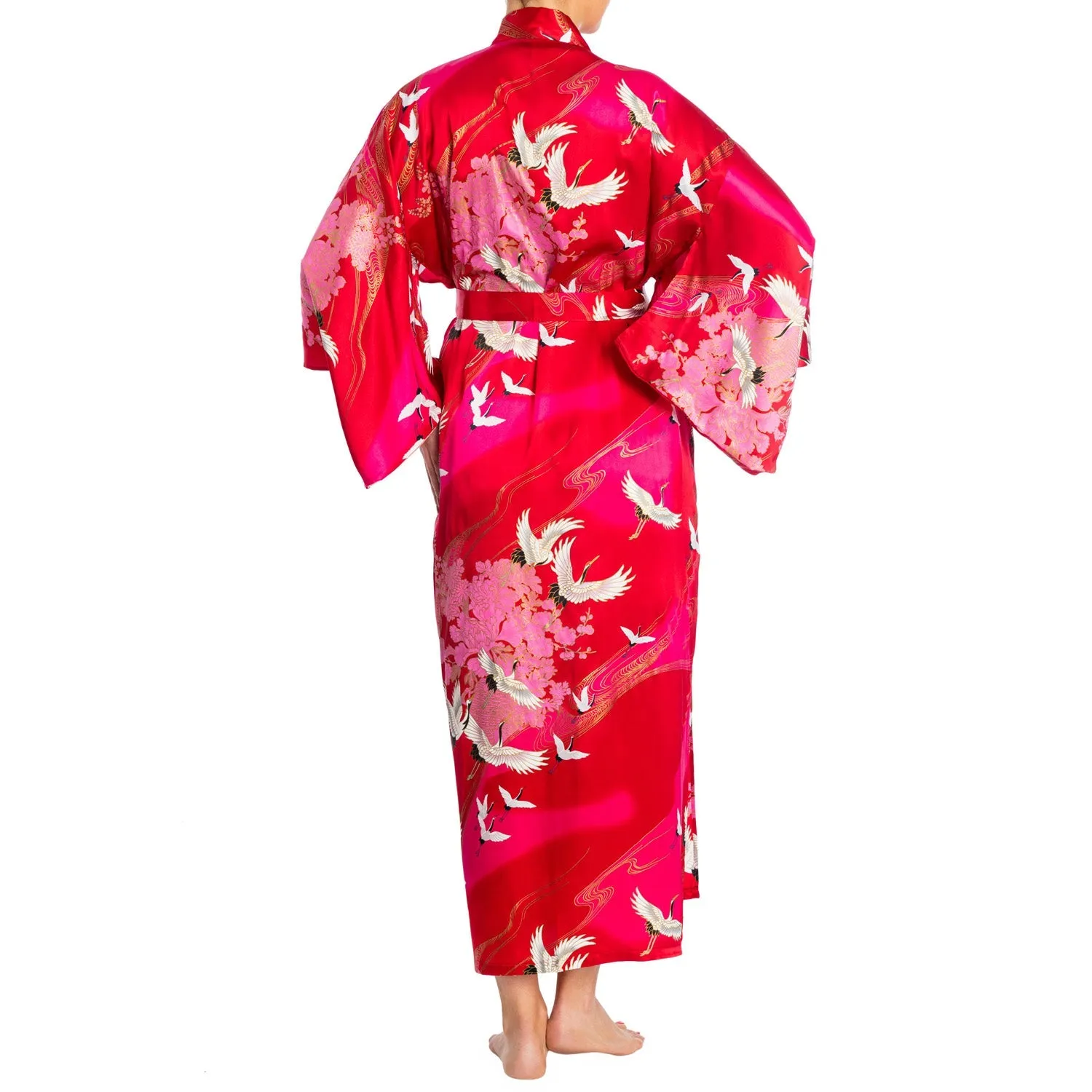 Silk Crane Print Long Red Japanese Kimono